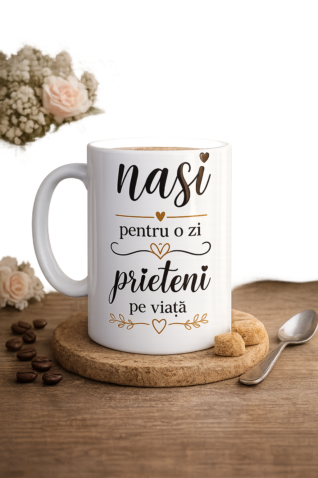 Cană personalizată – „Nași pentru o zi, prieteni pe viață” ☕💛